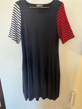 Alembika Black Midi Dress with Striped Short Sleeves